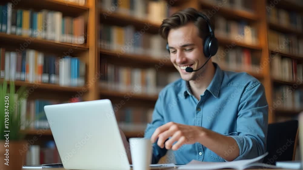 Poster young man in library with wireless headset: studying e-learning on laptop, taking notes, and attendi