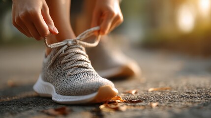 Lacing shoes before a morning jog on a tree-lined path during sunrise