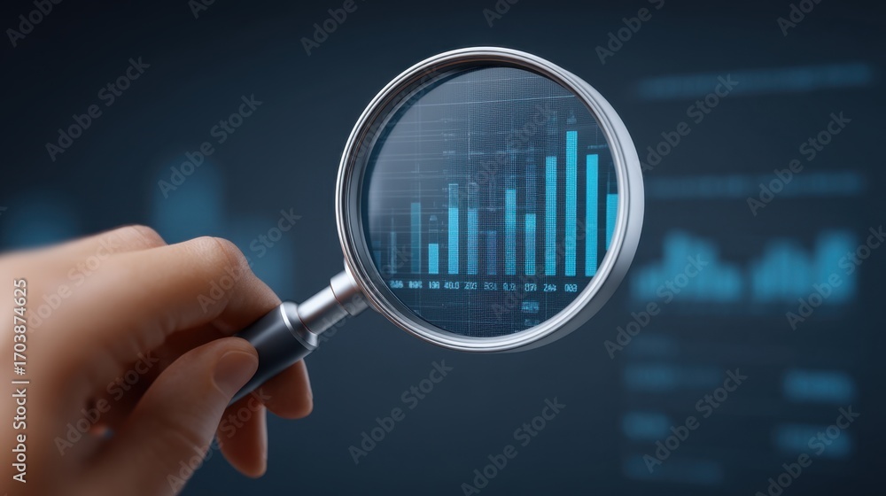 Aufkleber hand holding magnifying glass focused on data visualization with charts and graphs on dark backgroun
