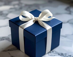 Navy blue gift box with white ribbon