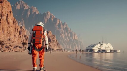 Futuristic Space Exploration on Alien Desert Planet with Oceanic Landscape