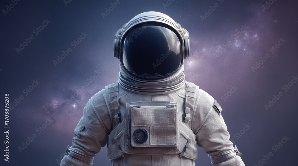Poster astronaut in space suit against a cosmic background with stars and nebulae, capturing the essence of