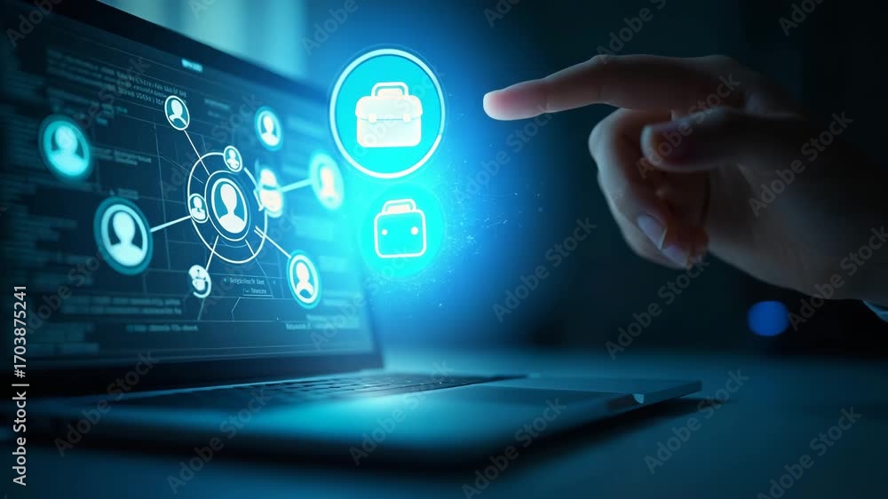 Poster hand interacting with holographic chatbot ai interface on laptop: smart assistant icons & ai communi