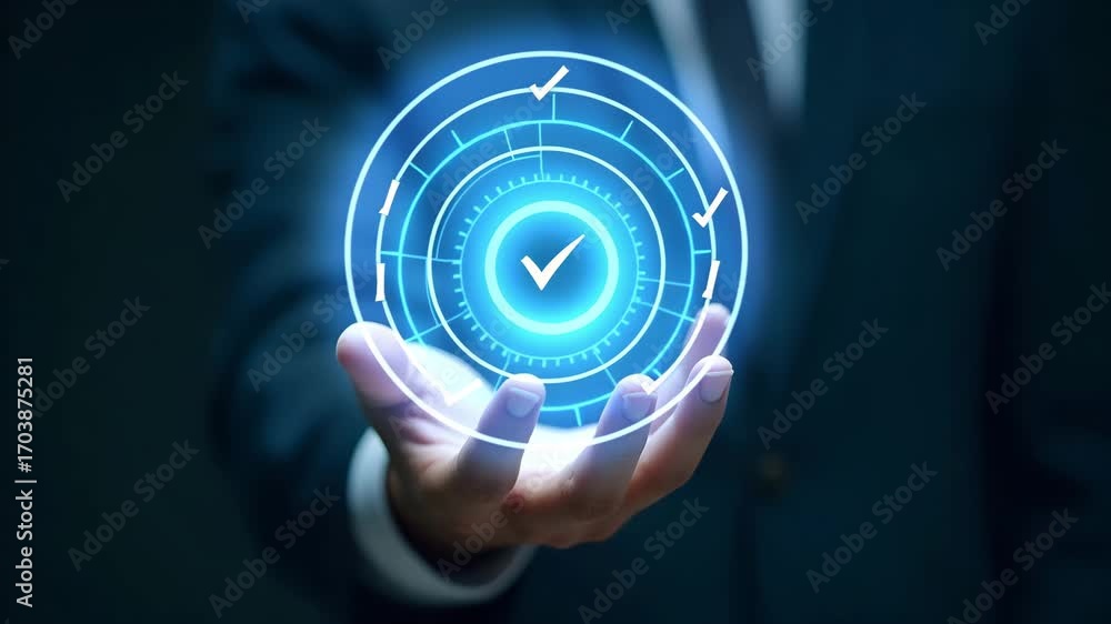 Poster flat hand confirming secure online payment with holographic interface and verification tick - simple