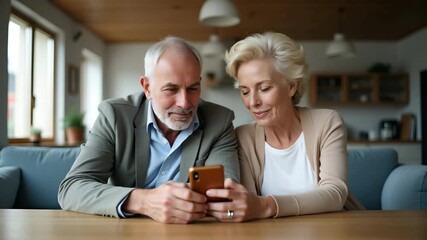 Middle aged happy couple using smartphone relaxing at living room table at home smiling mature older man and woman holding cellphone browsing internet texting message on mobile cell phone technology. - Powered by Adobe