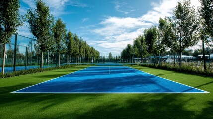 Blue tennis court flanked by trees under a partly cloudy sky