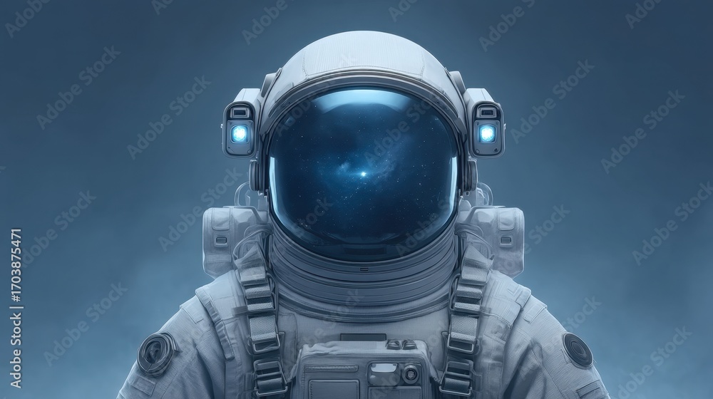 Poster astronaut in space suit with galaxy reflection in helmet facing forward, futuristic technology and c