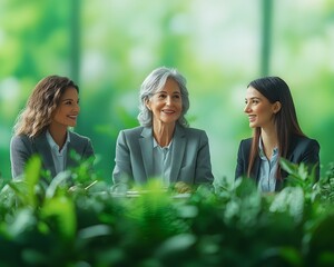Three professional women in business attire discuss strategies in a lush green environment