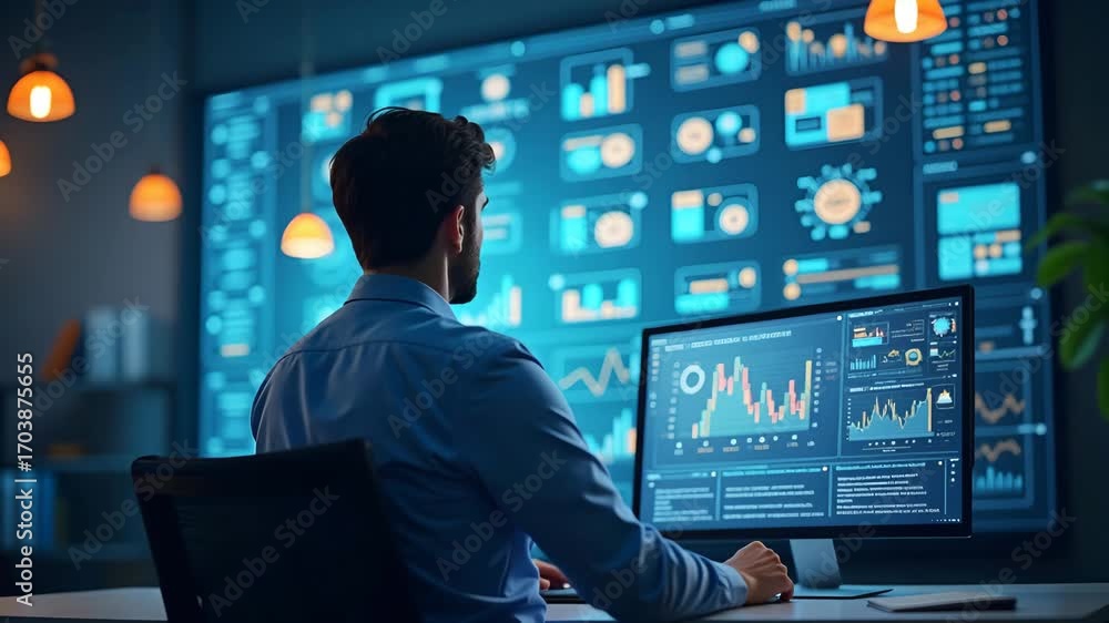 Poster flat businessman analyzing workflow automation: cute vector illustration of process analysis with fl
