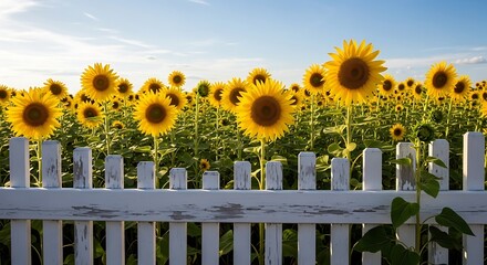 Vibrant Sunflower Field Behind a White Picket Fence on a Sunny Day.