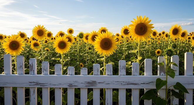 Fototapeta Vibrant Sunflower Field Behind a White Picket Fence on a Sunny Day.