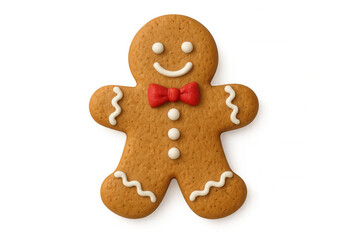 Gingerbread man cookie wearing a red bow tie, smiling on a transparent background, perfect for christmas projects