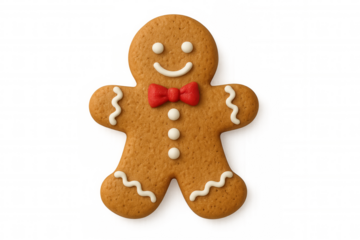 Gingerbread man cookie wearing a red bow tie, smiling on a transparent background, perfect for christmas projects
