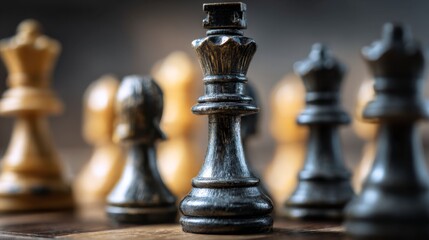 Chess pieces dominate King centered stark contrast between light and dark figures on a chess board