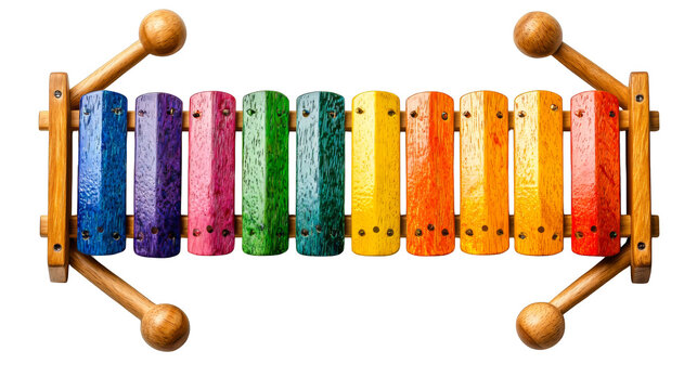 Colorful wooden xylophone with rainbow bars and mallets, playful musical toy inviting joyful play and creativity