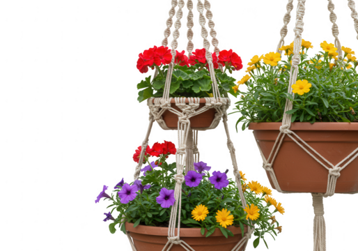 Two macrame hangers displaying vibrant blooming flowers in terracotta pots isolated on transparent background
