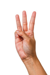 three finger gesture or finger gesture, hand sign isolated on transparent background, woman hand