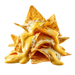 Nachos with melted cheese sauce on a white background