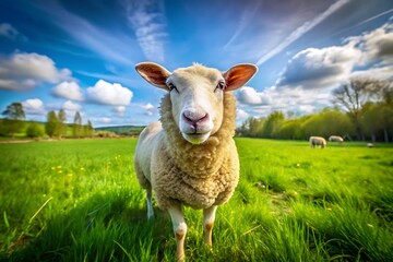 Sheep Standing in a Green Grassy Field Under a Blue Sky