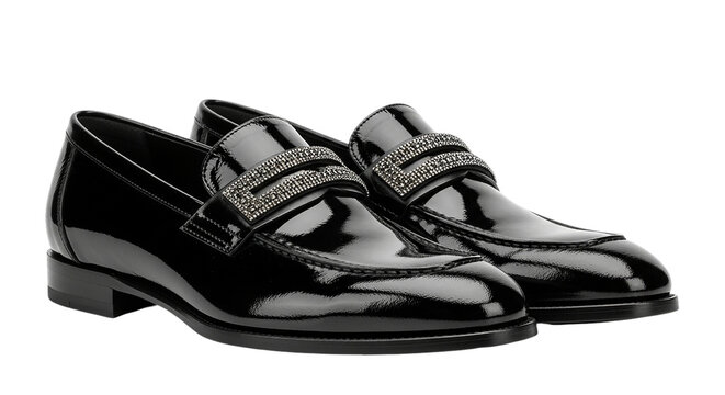 Sleek patent leather loafers a touch of brilliance with jeweled straps embody timeless on transparent background