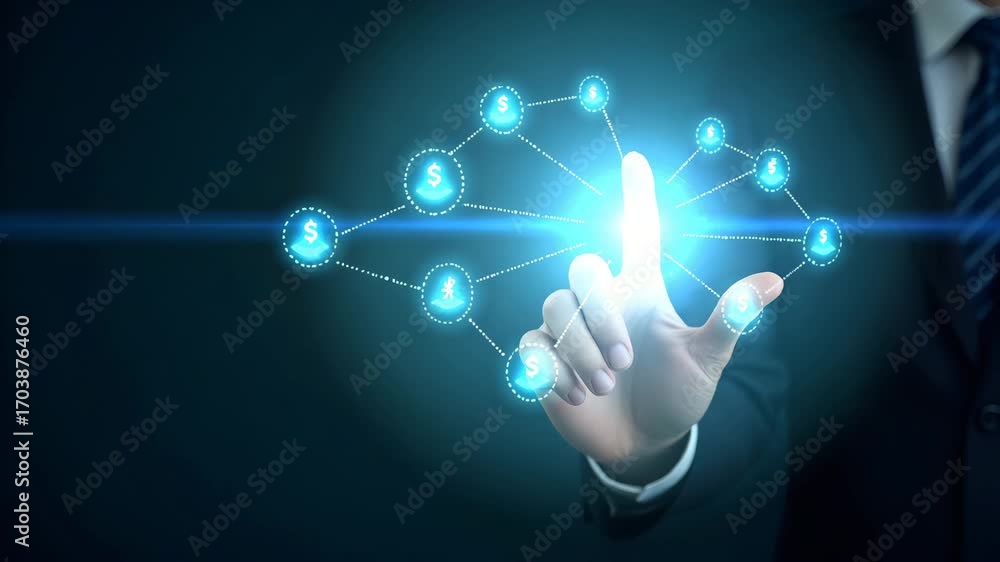 Poster hand using holographic interface for investment cryptocurrency guide in empty space concept as a han