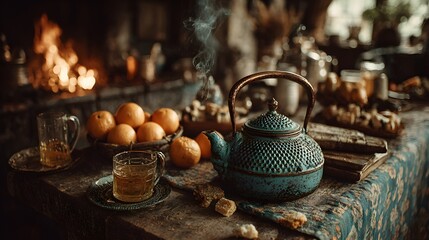 Copper Teapot and Oranges by a Winter Fireplace with cinematic lighting atmospheric depth with cinematic lighting atmospheric depth with cinematic lighting atmospheric depth
