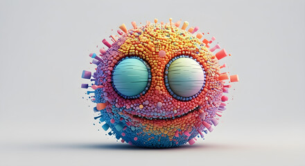 Colorful fuzzy sphere creature with oversized blue eyes, mosaic cubes blending into soft textures, whimsical synaptic pixel abstract overlay inspired 3D fantasy toy