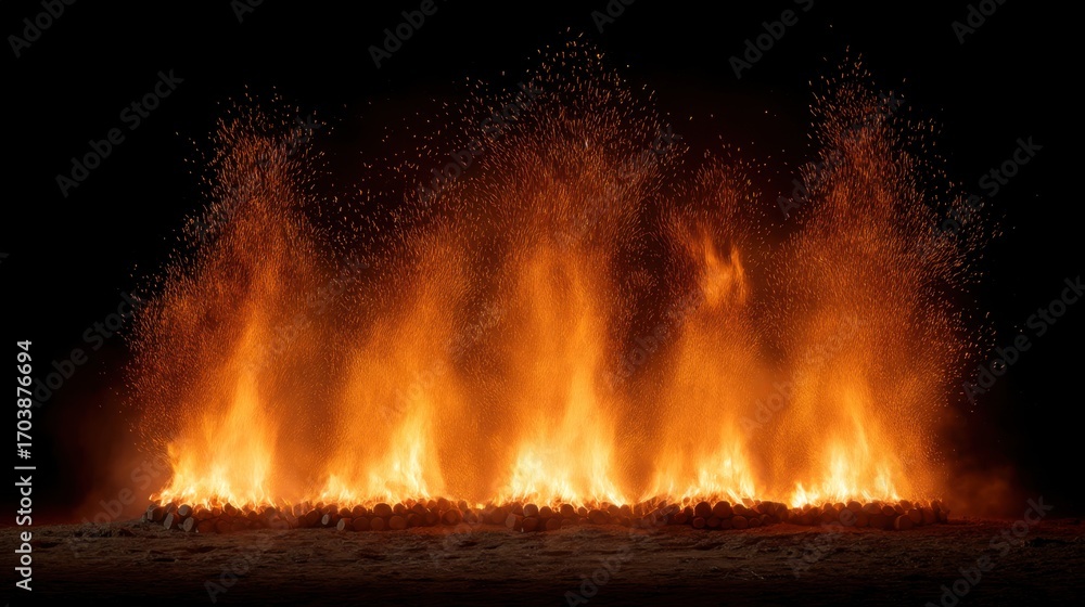 Poster intense flames erupting from the ground creating a dramatic fire display with sparks flying in a dar