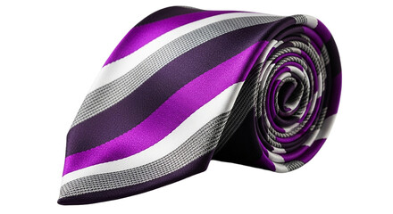 A sophisticated purple striped tie elegantly coiled and ready to add a touch of flair and on transparent background