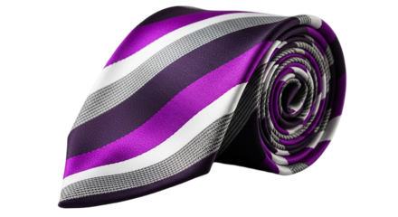 A sophisticated purple striped tie elegantly coiled and ready to add a touch of flair and on transparent background