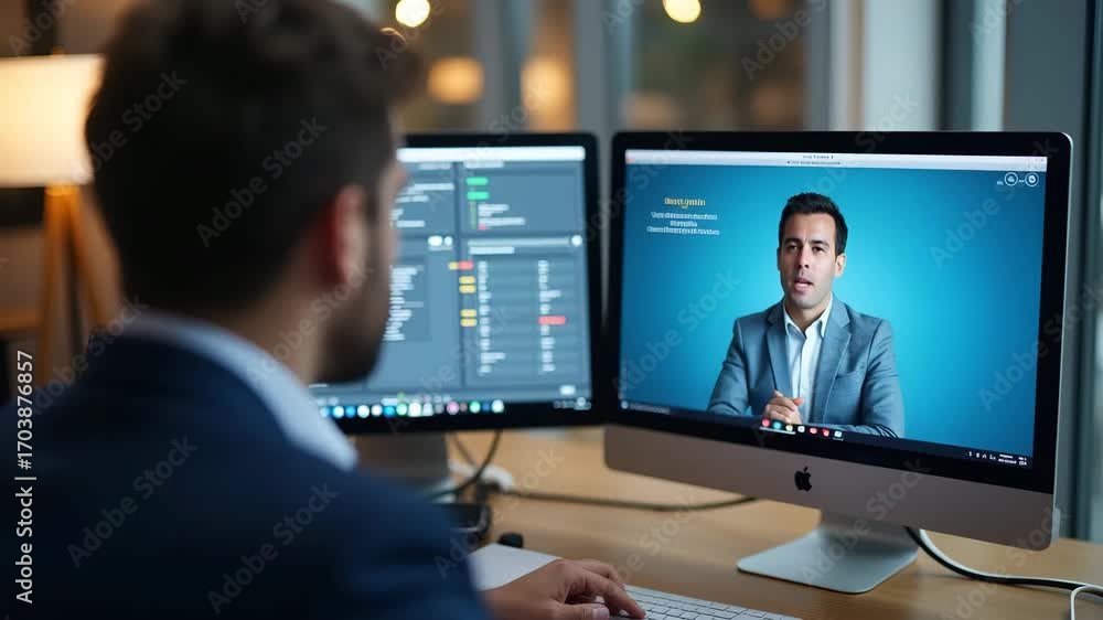 Poster businessman conducting webinar on computer for online education internet based e learning and online