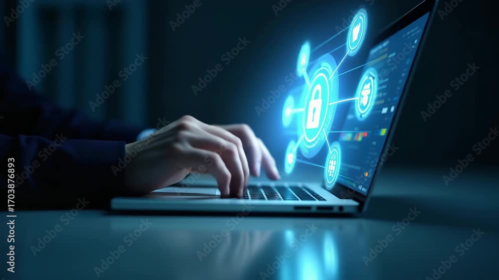 Poster hand using laptop with holographic zero trust security icons representing advanced cybersecurity mea