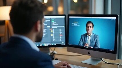 Businessman conducting webinar on computer for online education internet based e learning and online courses concept as Businessman uses computer to conduct webinars for online education and e learnin