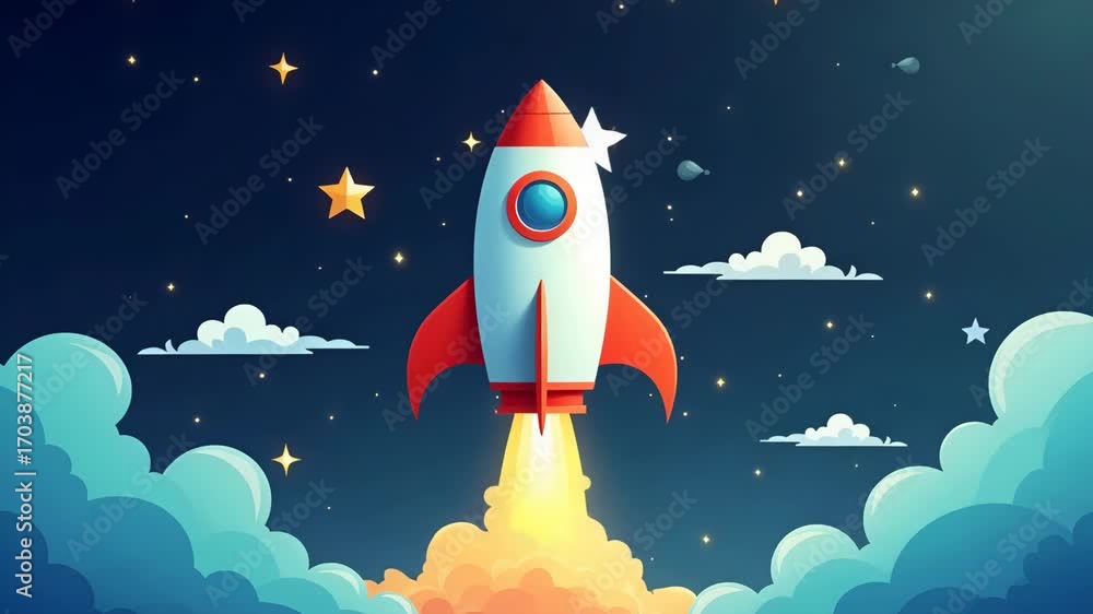 Poster colorful rocket blasting off into space with stars and clouds symbolizing innovation exploration and
