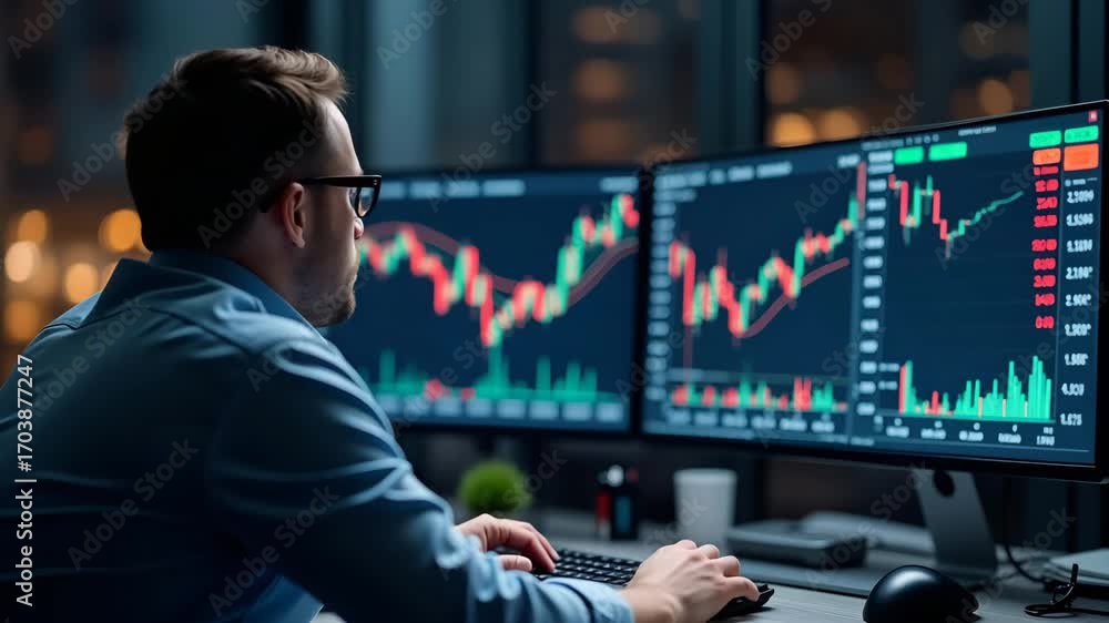 Poster flat investor analyst broker studying crypto stock market trade on digital exchange platform reviewi