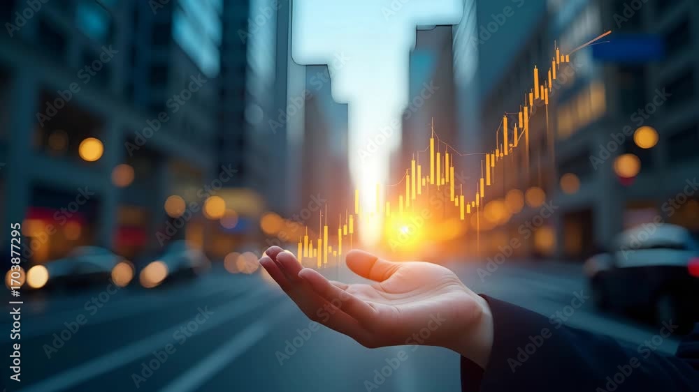 Poster double exposure image of stock market investment graph with city background - business investment an