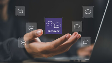 Feedback and comment survey concept with digital chat bubble icons on a laptop, representing customer voice, online survey, user experience review, and communication insights.