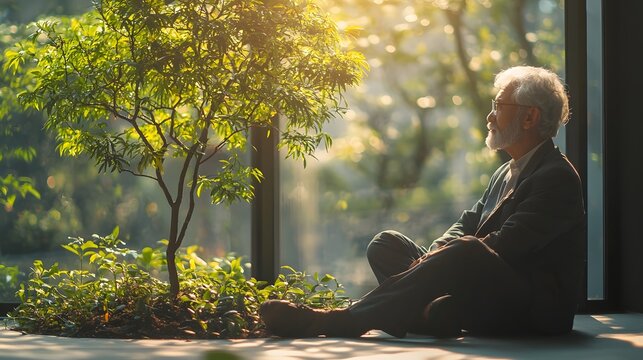 An elderly business leader reflects by a window contemplating nature and growth in retirement - Powered by Adobe