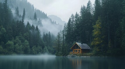 A wooden cabin nestled in a dense forest by a tranquil lake, with misty mountains in the background.