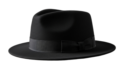 A mysterious black fedora casts a long shadow evoking classic film noir and smoky jazz clubs on transparent background