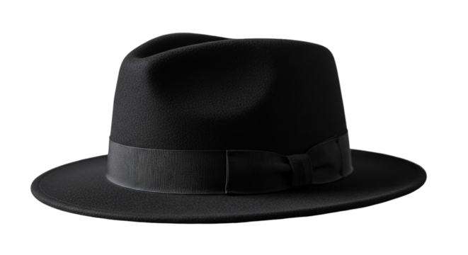 A mysterious black fedora casts a long shadow evoking classic film noir and smoky jazz clubs on transparent background