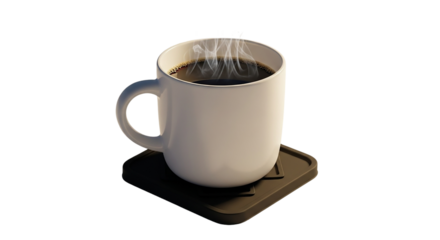 A steaming cup of dark roast coffee rests a moment of warmth and comfort in the stillness of on transparent background