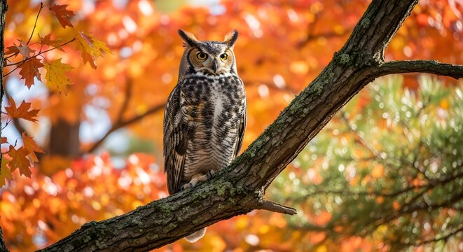 Owl perched on tree branch with colorful fall foliage background.