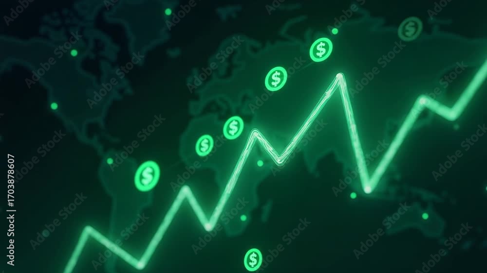 Poster green stock market graph rising with digital globe background depicting global stock market rally or