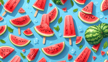 Watermelon popsicles and slices on a light blue background