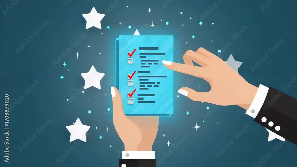 Poster flat hand presenting holographic device showcasing standardized evaluation report formats in a clean