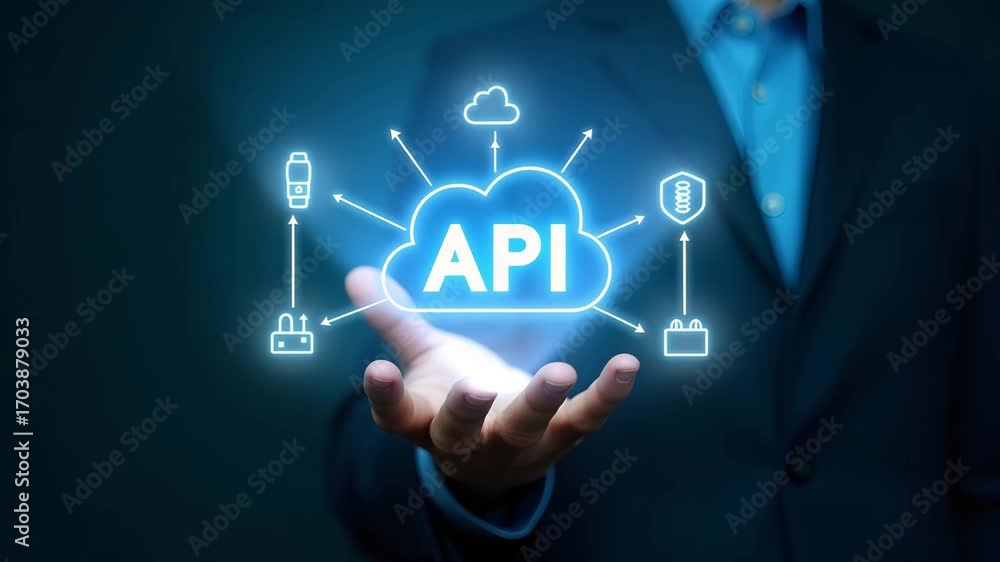 Poster hand interacting with holographic api interface: cloud computing & network security icons in empty s
