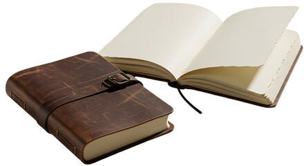 Embracing the Journey A weathered leather bound journal beckons writers with blank pages on transparent background