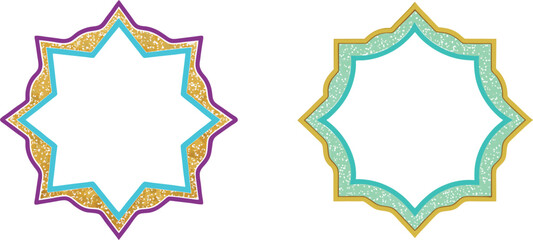 Two decorative Islamic star shaped frames, shiny textures and vibrant colors