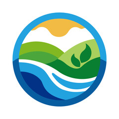 Nature landscape with water mountains and sun logo